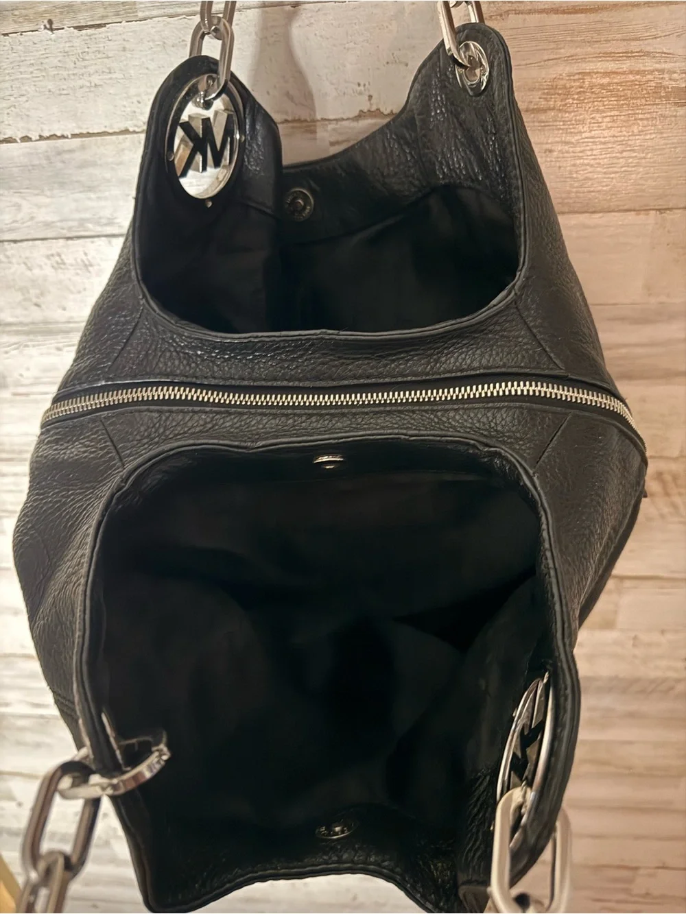 Michael Kors Black Pebbled Leather Shoulder Hobo with Chain Accents